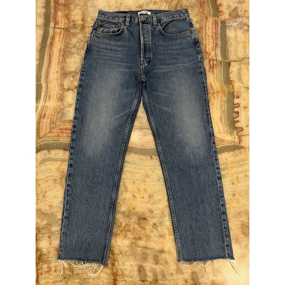 RE/DONE 70s Stove Pipe Jeans Women's Size 28 Blue High Rise Raw Hem Straight Leg
